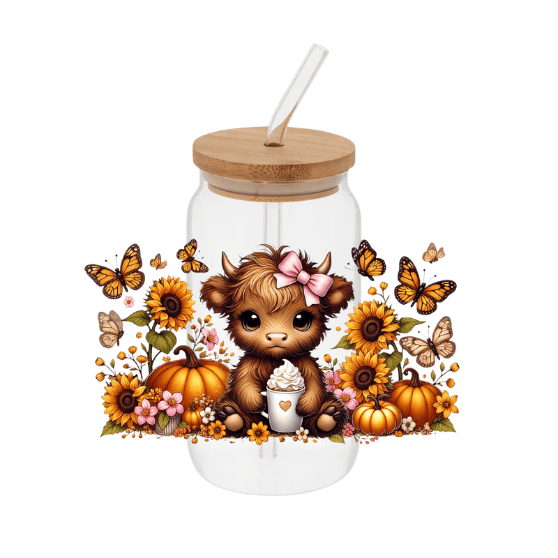 Highland Cow Flowers Fall – Printed Libby Wrap (9.5" x 4.3" UV DTF) - Vinyl Creation Supply