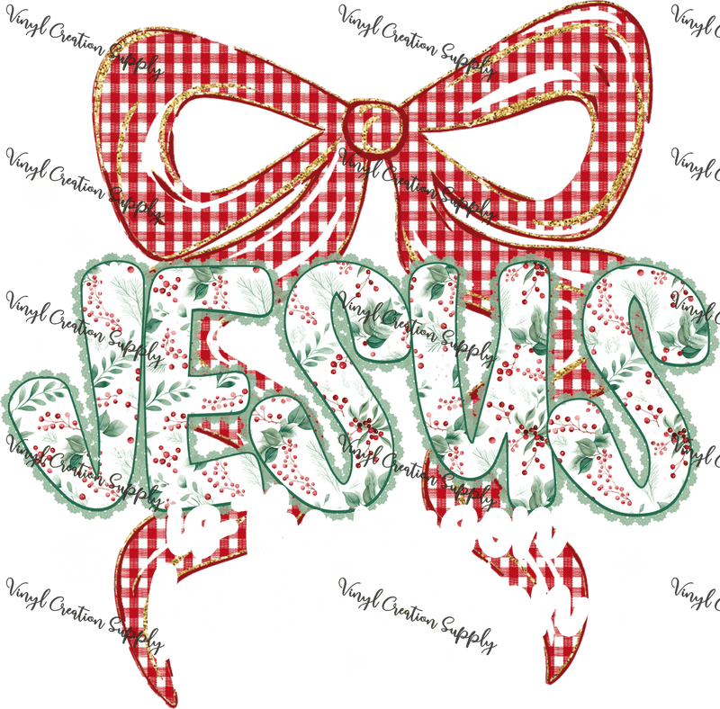 Jesus Checkered Christmas Bow White Text - Vinyl Creation Supply