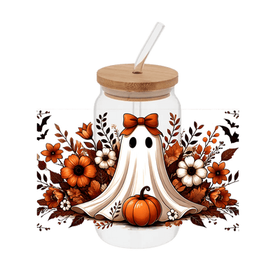 Pumpkin Ghost Floral Autumn – Printed Libby Wrap (9.5" x 4.3" UV DTF) - Vinyl Creation Supply