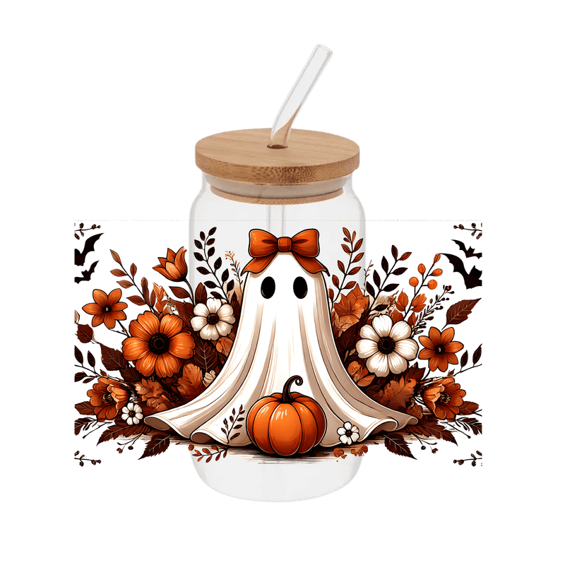 Pumpkin Ghost Floral Autumn – Printed Libby Wrap (9.5" x 4.3" UV DTF) - Vinyl Creation Supply